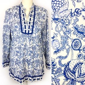 St. Tropez West Blue & White Tunic Top Sz M NWT